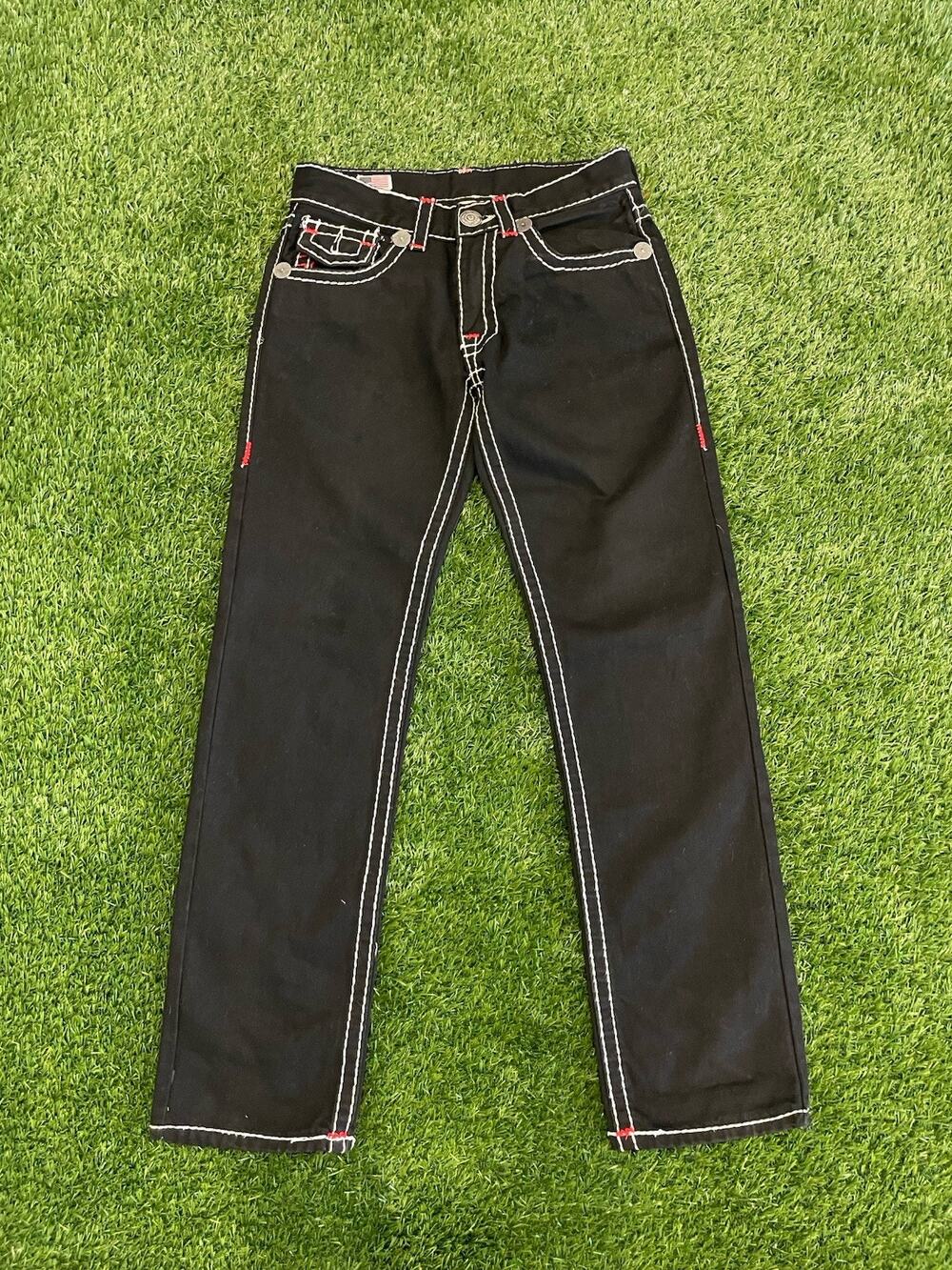 True Religion Mens Black Super T Contrast White Stitch Flap Jeans Made in USA 30